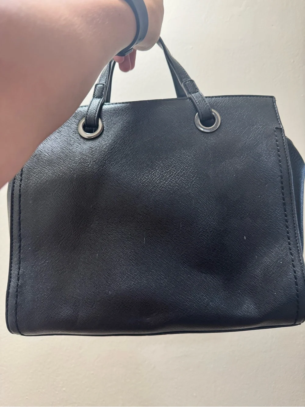 Armani Exchange Black Saffiano Leather Satchel with Branded Charm